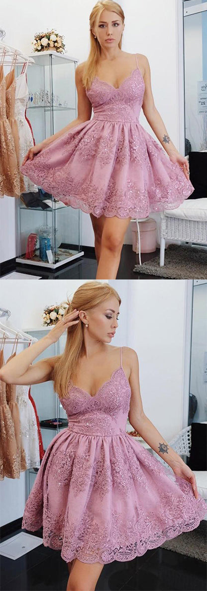 Sweetheart Spaghetti Straps Lace With Appliques Homecoming Dresses
