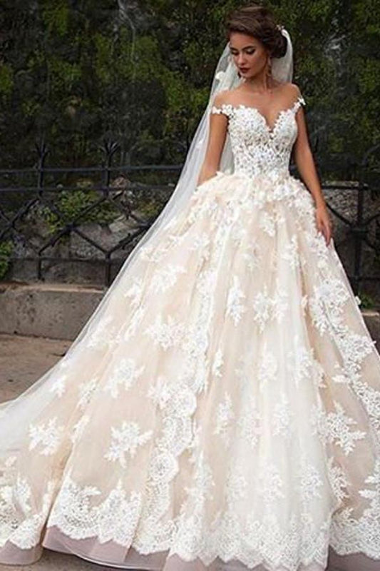Glamorous Jewel Cap Sleeves White Court Train Wedding Dress with Lace Top WK83