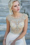 Boat Neck Cap Sleeves Beads Chiffon Long Cheap Long Sexy Backless Prom Dresses WK95