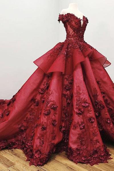 2022 Chic Ball Gown V Neck Beads Appliques Red Off-the-Shoulder Long Prom Dresses WK139
