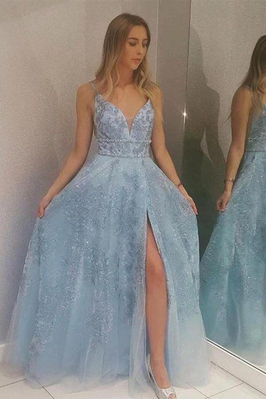 Light Blue Lace Appliques Prom Dresses with Slit Beads V Neck Evening Dresses WK607