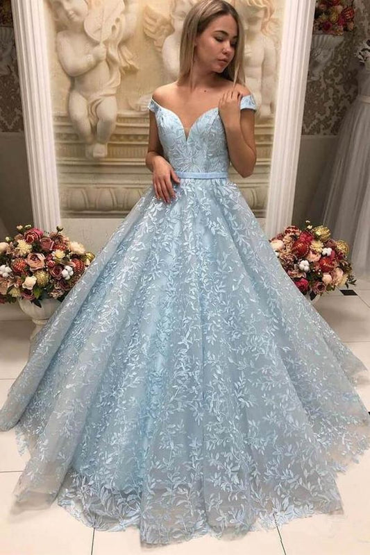 Light Blue Lace Ball Gown Off the Shoulder Prom Dresses with Appliques Sweetheart WK612