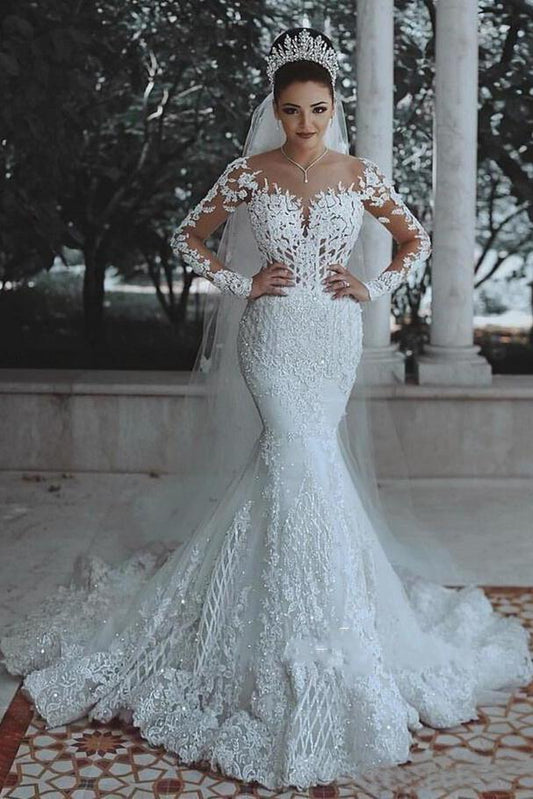 Long Sleeve Lace Wedding Dress Mermaid Beads Lace Appliques Wedding Gowns WK476