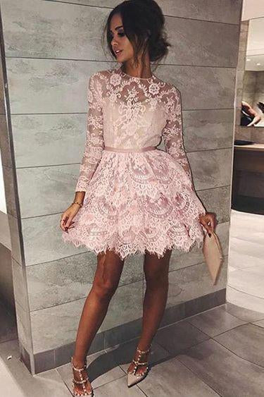 Long Sleeve Pink Above Knee Lace High Neck Homecoming Dress, Short Prom Dresses PW764