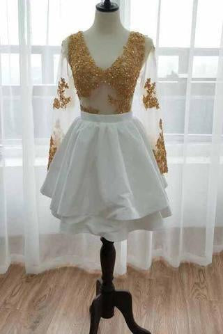 Long Sleeve V Neck White Homecoming Dresses Gold Sequins V Neck Short Prom Dress H1072