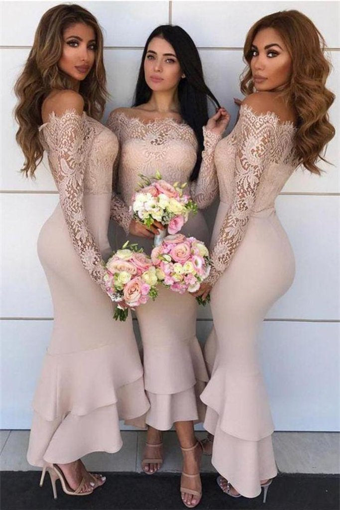 Long Sleeves Mermaid Sheath Lace Bridesmaid Dresses Chiffon Wedding Party Dresses WK915