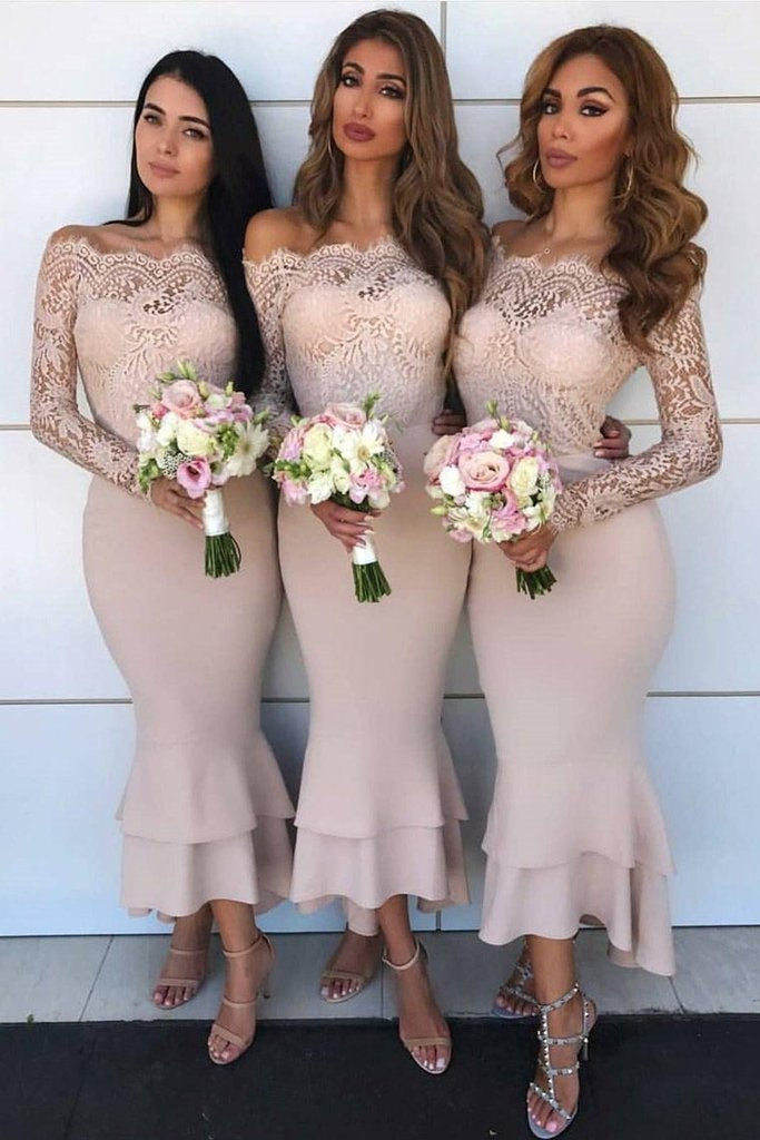 Long Sleeves Mermaid Sheath Lace Bridesmaid Dresses Chiffon Wedding Party Dresses WK915