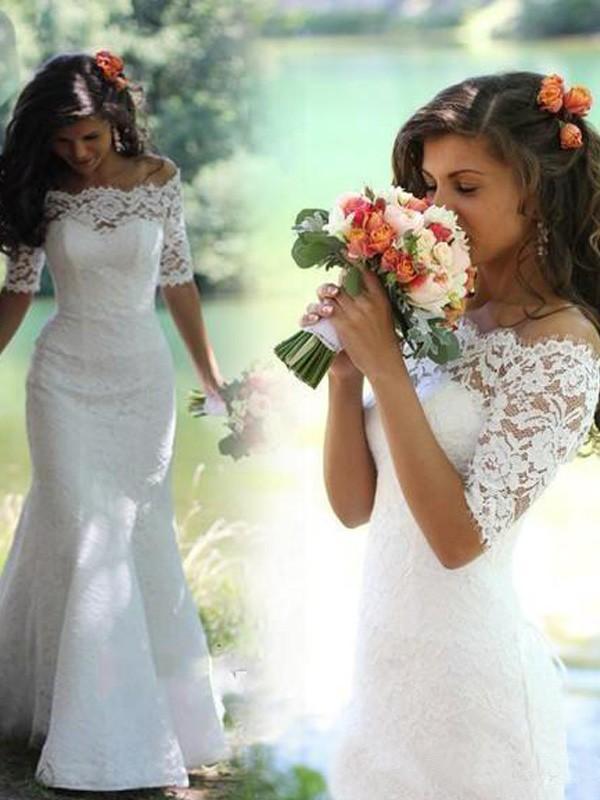 Mermaid Lace Appliques Half Sleeve Ivory Off the Shoulder Wedding Gowns with Lace up W1018