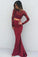Mermaid Long Sleeve Two Pieces Prom Dresses Burgundy Backless Evening Dresses PW662
