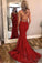 Mermaid Red Lace Spaghetti Straps Scoop Prom Dresses Long Cheap Evening Dresses PW643