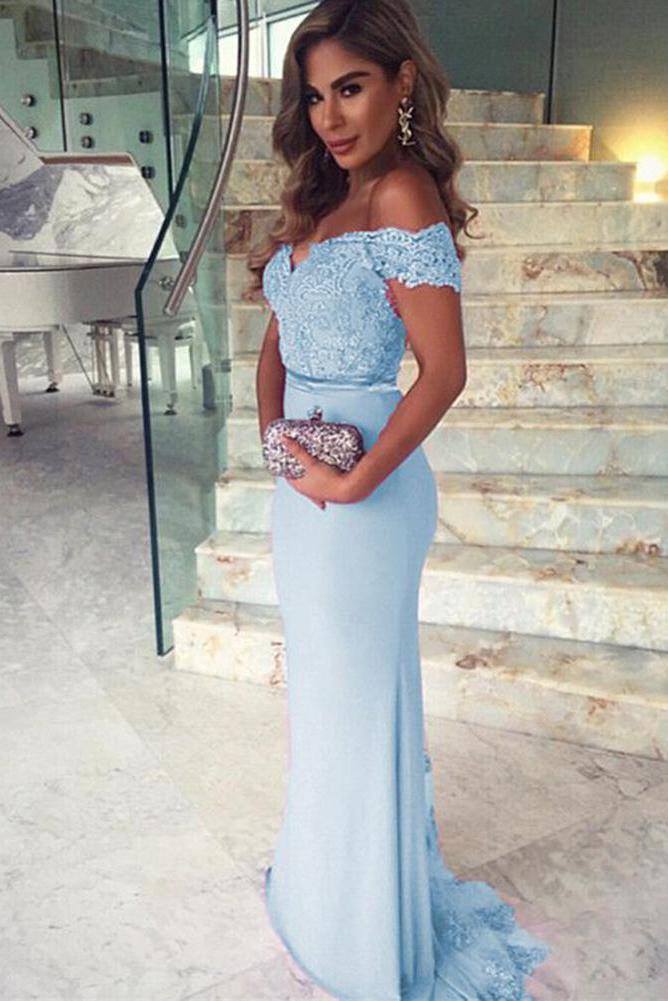 Mermaid Sky Blue Off the Shoulder Prom Dresses Long Sweetheart Satin Evening Dress PW644