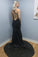 Mermaid Spaghetti Straps Backless Black Sequined Prom Dresses V Neck Formal Dress P1005