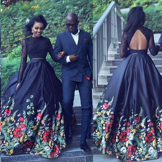 Two Piece Lace Floral Print Black Sexy Open Back Long Sleeve High Neck Prom Dresses WK56