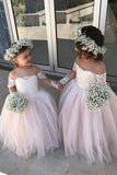 Cute Off the Shoulder Long Sleeve Pink Lace Appliques Tulle Flower Girl Dresses WK289