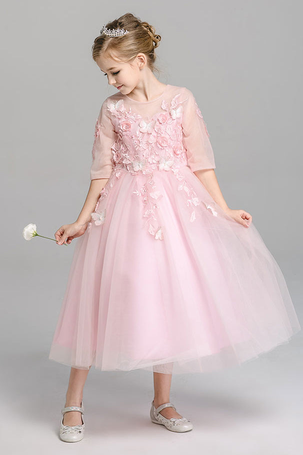 A Line Round Neck 3/4 Sleeves With Appliques Tea Length Flower Girl Dresses