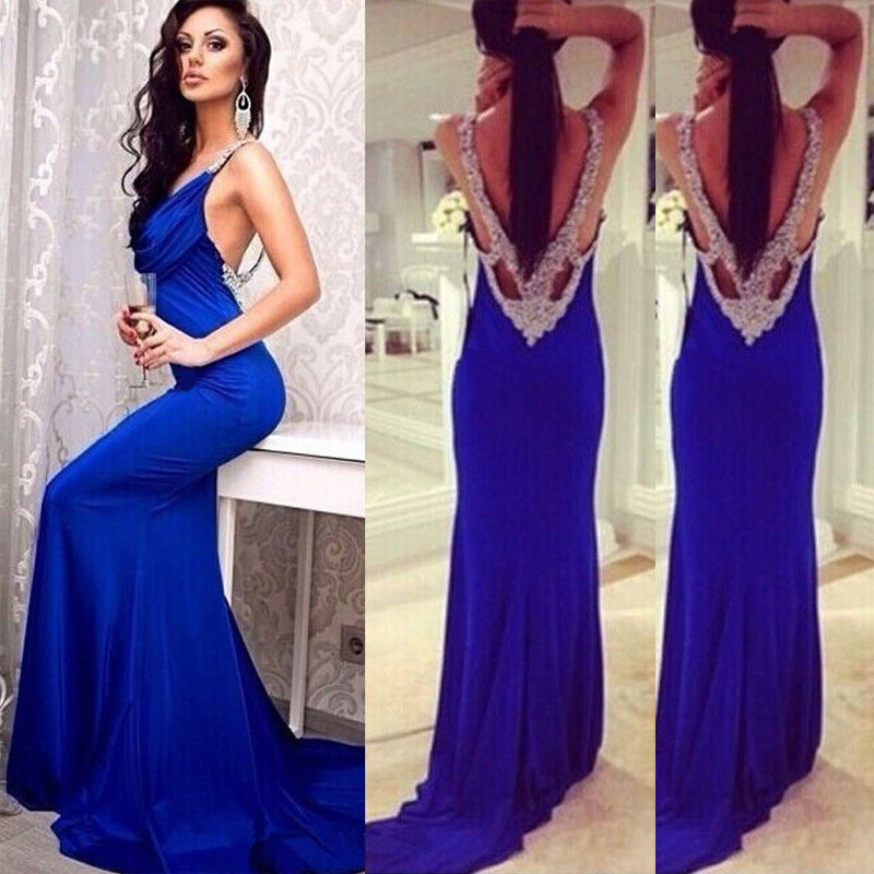 Blue Deep V-Neck Ruffles Open Back Mermaid Silvery Sequins Beaded Backless Prom Dresses WK801