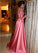 Pink Satin Long Prom Dresses Ball Gown Jewel With Lace Long Sleeves