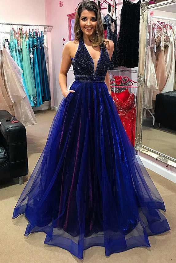 Modest Unique Royal Blue And Purple V-neck Beading Long Prom Dresses With Pockets