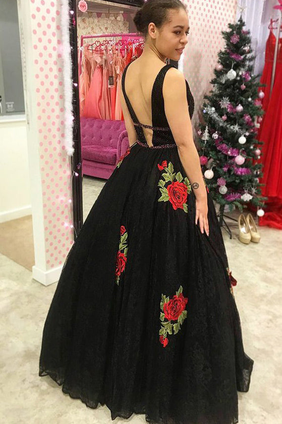 Black A-Line Plunge V-Neck Backless Lace Rose Floral Appliques Prom Dresses