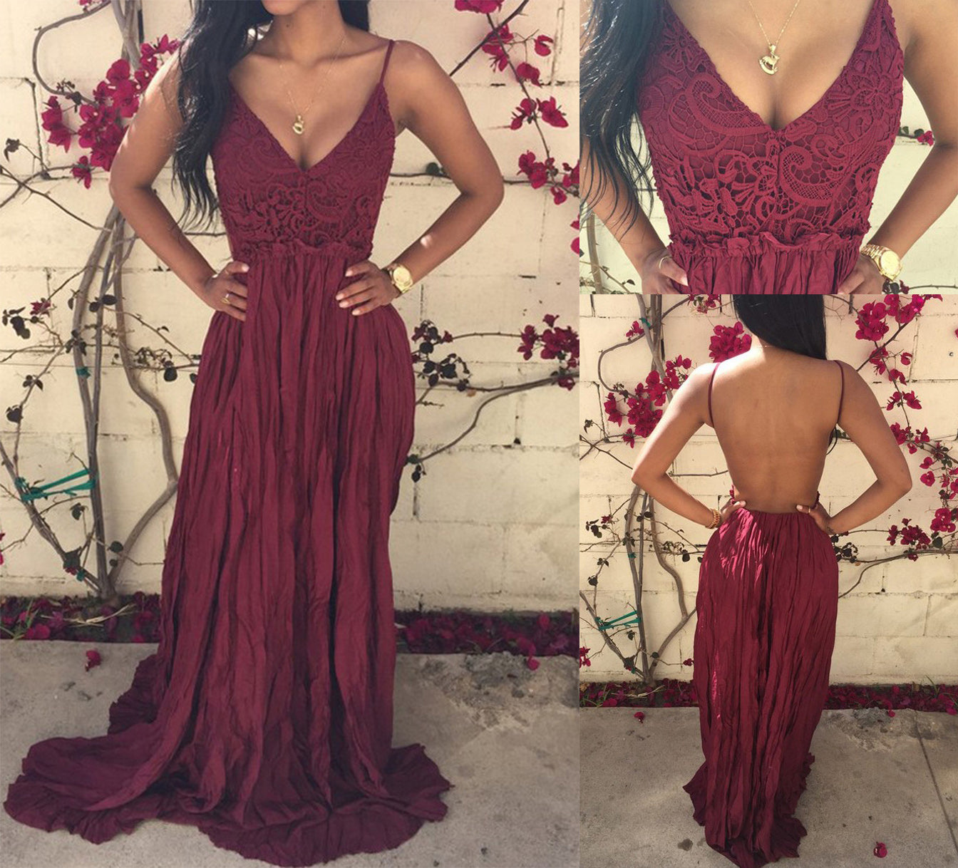 Sexy Burgundy V-neck Lace Spaghetti-straps Ruched Backless Prom Dresses