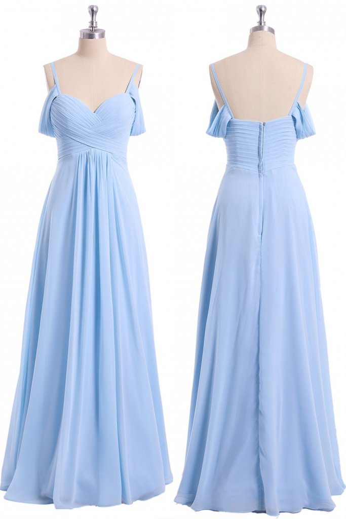 Light Sky Blue Off Shoulder Spaghetti Strap Chiffon Dresses Floor Length Formal Dress WK894