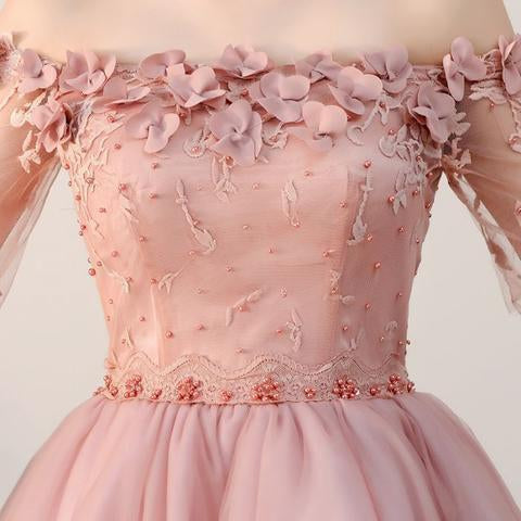 Off the Shoulder Short Sleeve Pink Above Knee Beads Flowers Lace up Homecoming Dress H1012