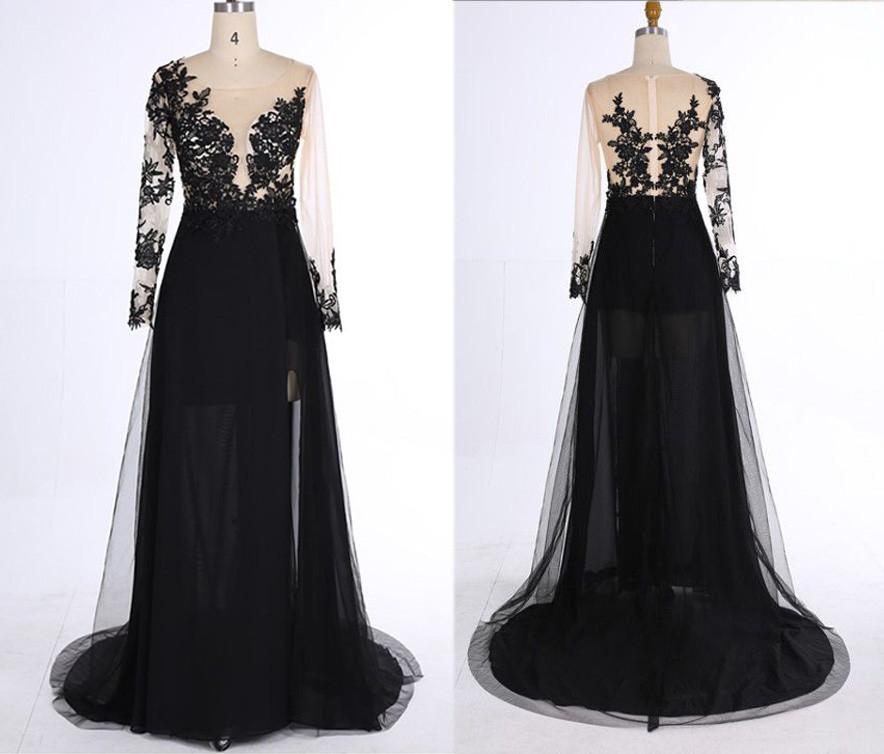 New Style Black Long Sleeves Lace Deep V Neck Thigh-High Slit Sexy Lace Evening Gowns WK111