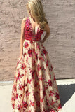 Princess A Line Lace V Neck Red Floral Sexy Long Prom Dresses Simple Evening Dresses P1014
