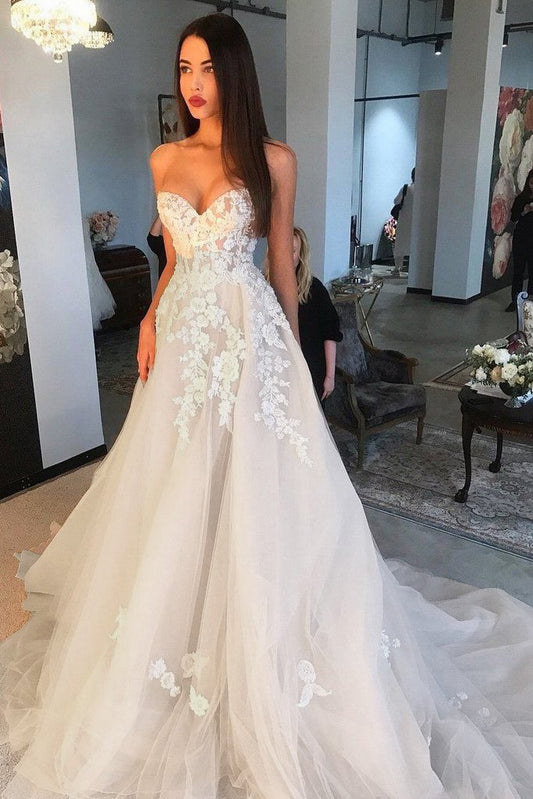 Princess A Line Sweetheart Tulle Lace Applique Ivory Wedding Dress Long Bridal Dresses WK921