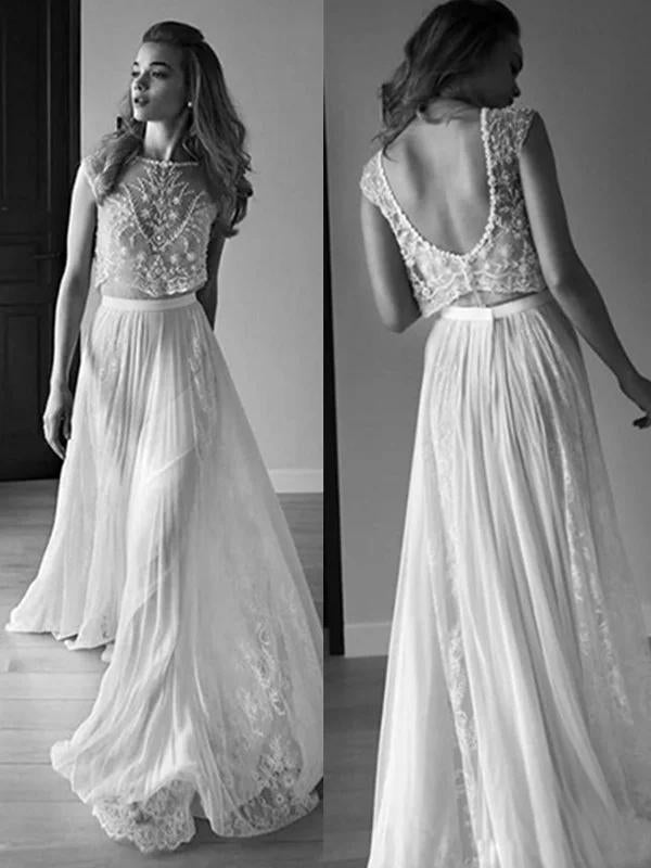 Princess Sleeveless Scoop Chiffon Beads Two Piece Wedding Dresses with Open Back WK582