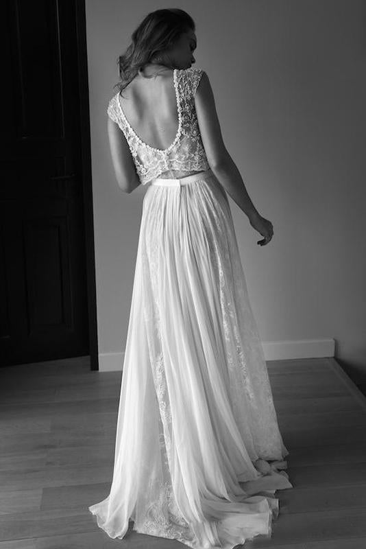 Princess Sleeveless Scoop Chiffon Beads Two Piece Wedding Dresses with Open Back WK582