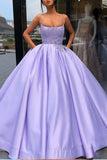 Purple Ball Gown Spaghetti Straps Satin Sweet 16 Dress With Pocket Quinceanera Dress P1108