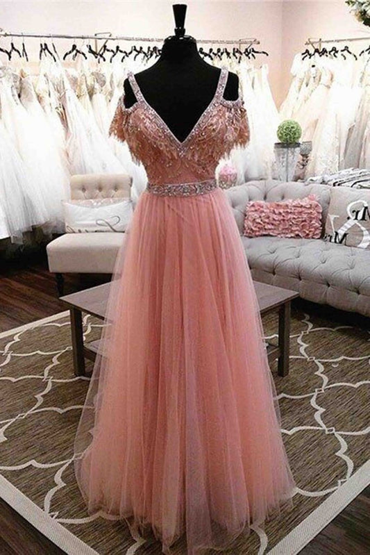 High Fashion A-Line V-Neck Off Shoulder Blush Pink Long Tulle Prom Dresses with Beads WK675