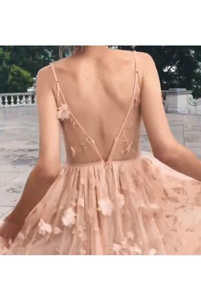 Elegant A Line Pink Backless High Low Spaghetti Straps Prom Homecoming Dress WK791