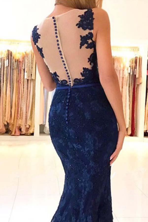 Impressive V Neck Dark Blue Lace Appliques Long Prom Dresses