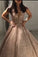 Stunning V Back Sweep Train Sleeveless Ball Gown Prom Dresses