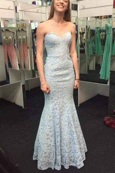 Elegant light blue lace sweetheart mermaid long prom dress strapless homecoming dress