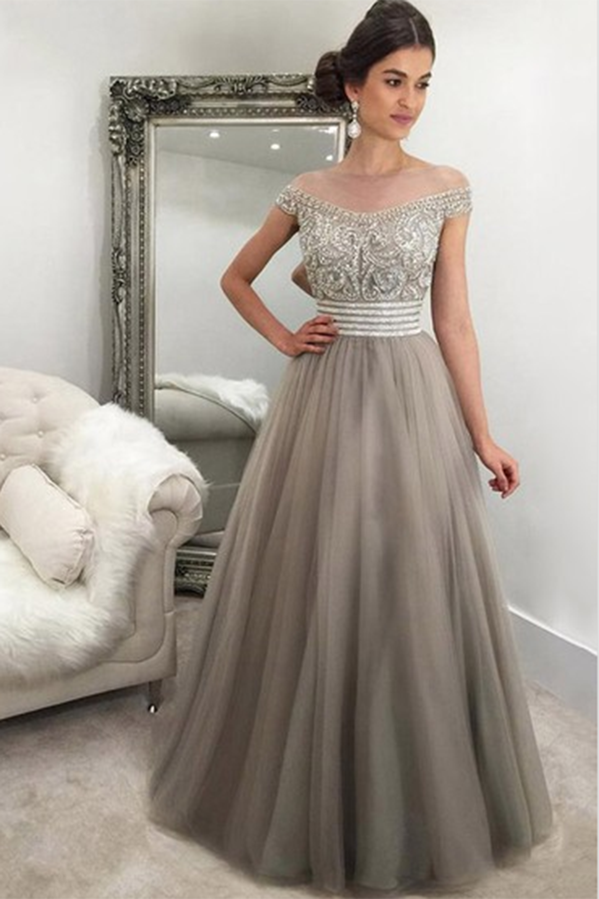 Gray tulle beading off-shoulderA-line long prom dress
