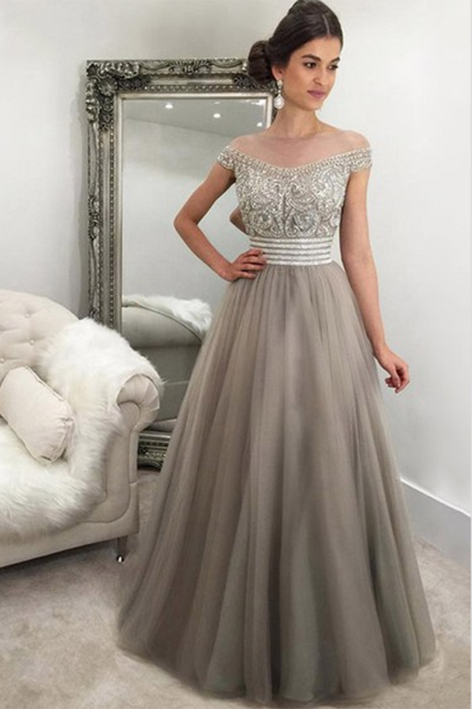 Gray tulle beading off-shoulderA-line long prom dress