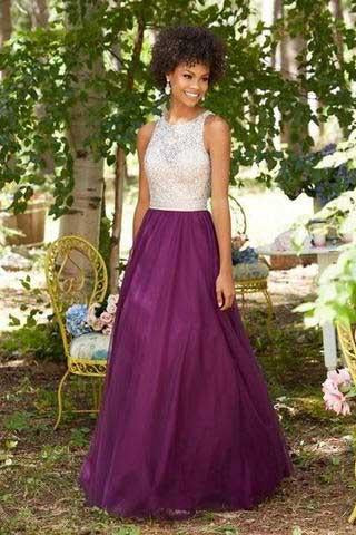 Purple Chiffon Round Neck Sequins Long Sleeveless Floor-Length Prom Dresses WK815