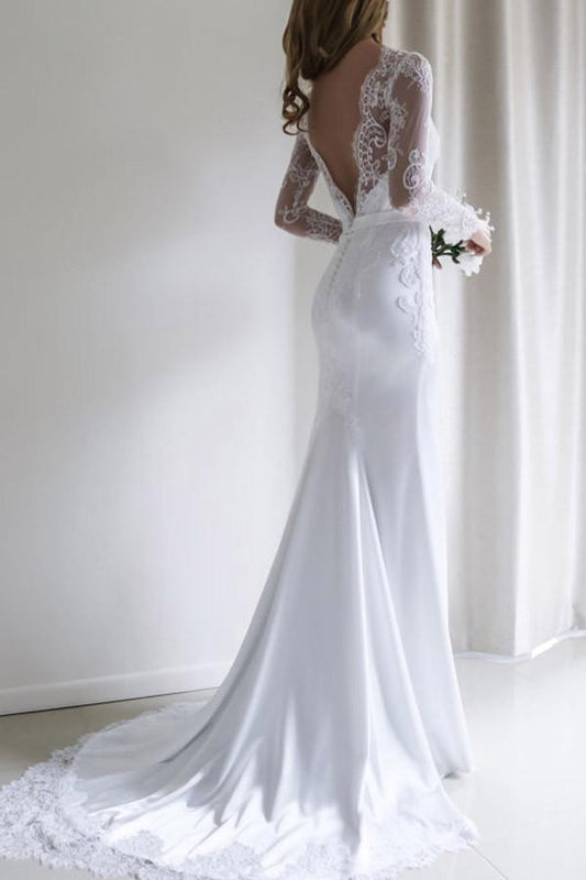 Elegant Lace Long Sleeves Mermaid Backless White Long Wedding Dress with Train WK164