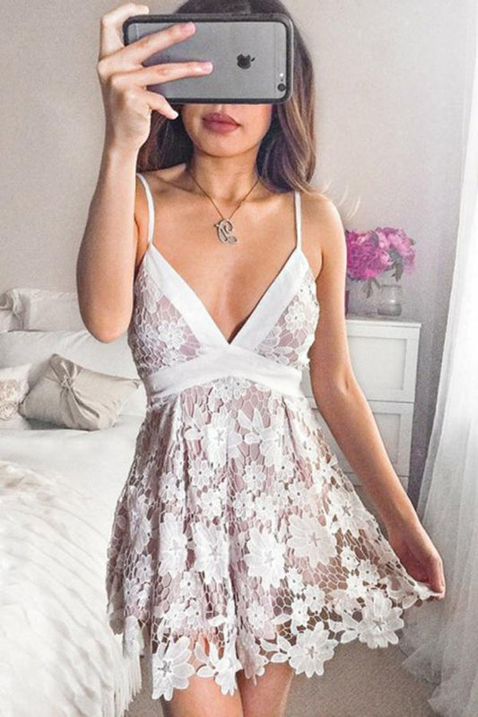 A-Line Spaghetti Straps Short Lace V Neck Ivory Homecoming Dress with Bowknot WK658