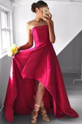 Fabulous Strapless Red Sleeveless High Low Fuchsia Pleated Prom Dresses WK742