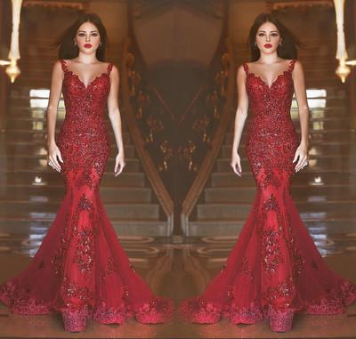 Gorgeous Red Mermaid V-neck Backless Prom Dresses with Beading Appliques For Spring Teens WK130