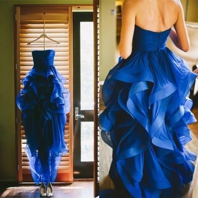 High Low Royal Blue Organza Prom Gowns Strapless Evening Dresses For Teens Brides WK158