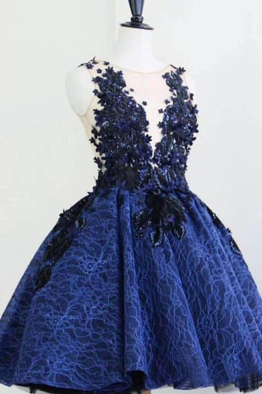Royal Blue Lace Appliques Short Prom Dresses Vintage Above Knee Homecoming Dress WK953