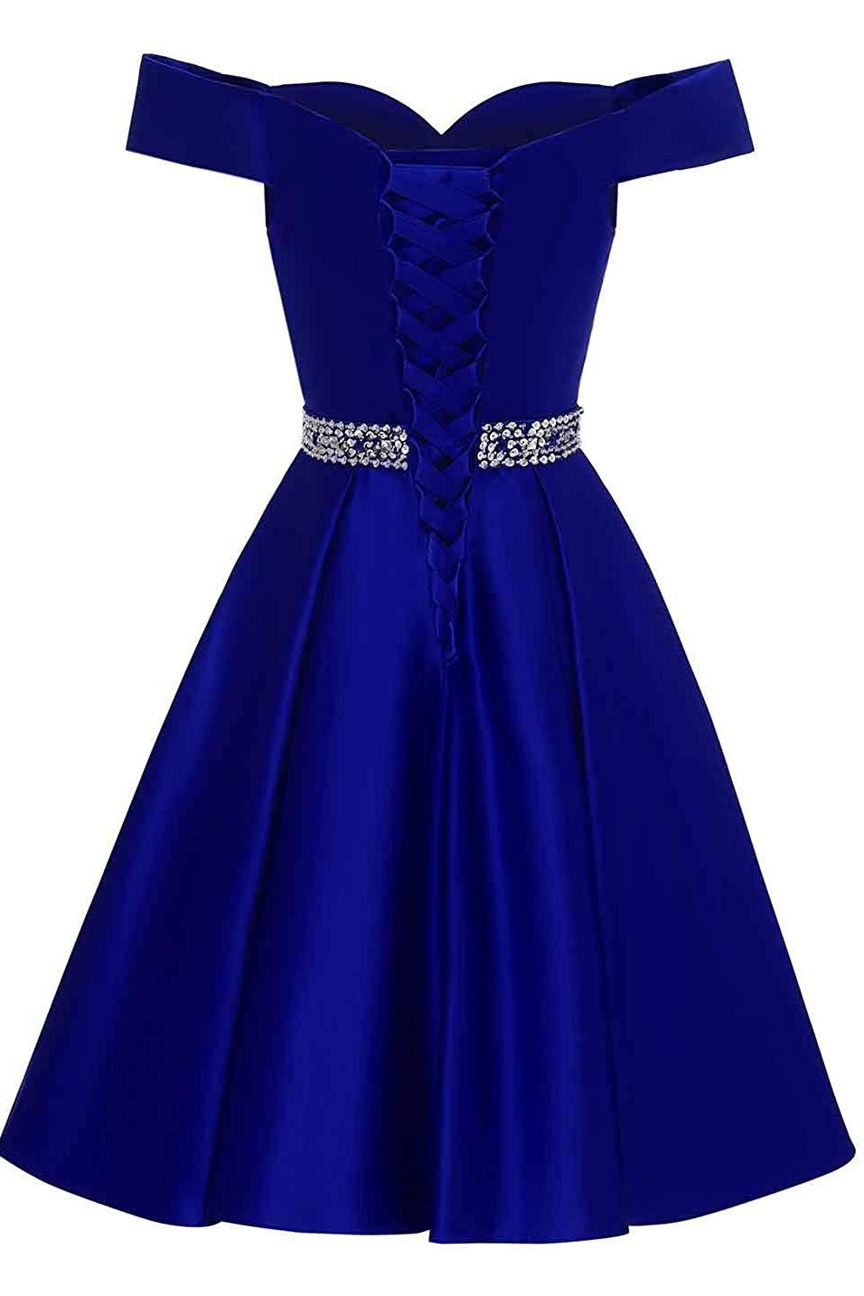 Royal Blue Short Beaded Prom Dresses Off The Shoulder Backless Homecoming Dress H1171