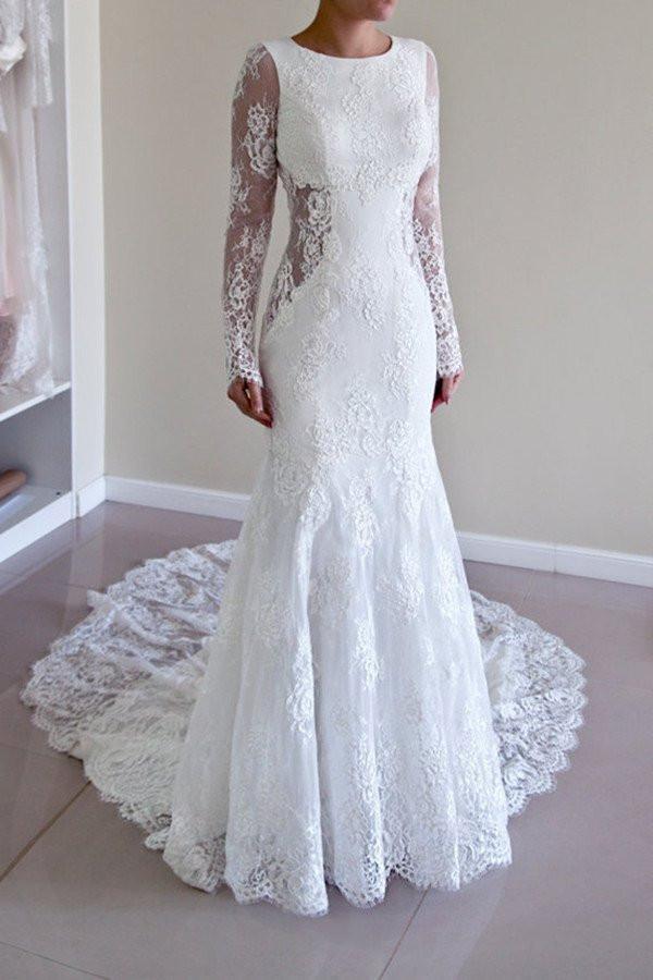 Long Sleeves Open Back Lace Appliques Scoop Mermaid Long Beach Wedding Dresses WK844