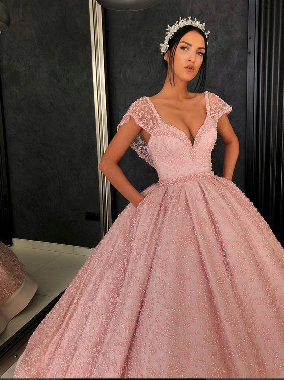 Chic Ball Gown Straps Pink Cap Sleeve Sparkly V Neck Beads Quinceanera Dress with Pockets WK228