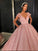 Chic Ball Gown Straps Pink Cap Sleeve Sparkly V Neck Beads Quinceanera Dress with Pockets WK228